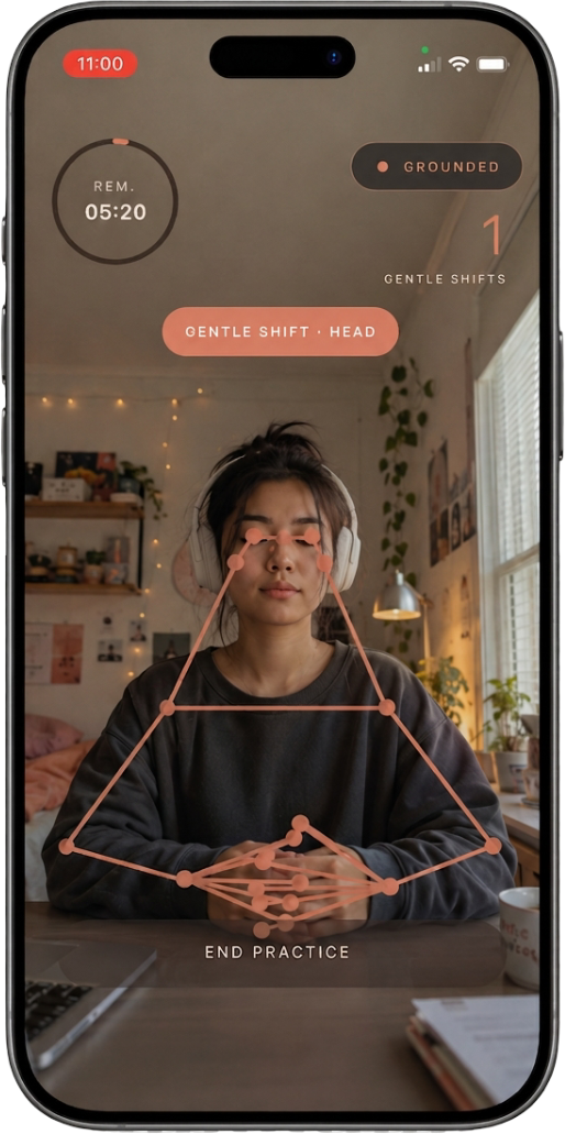 Persona practicando con Stillness en casa mientras la app registra pequeños movimientos