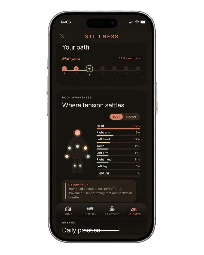 Pantalla de conciencia corporal de Stillness mostrando dónde se asienta la tensión