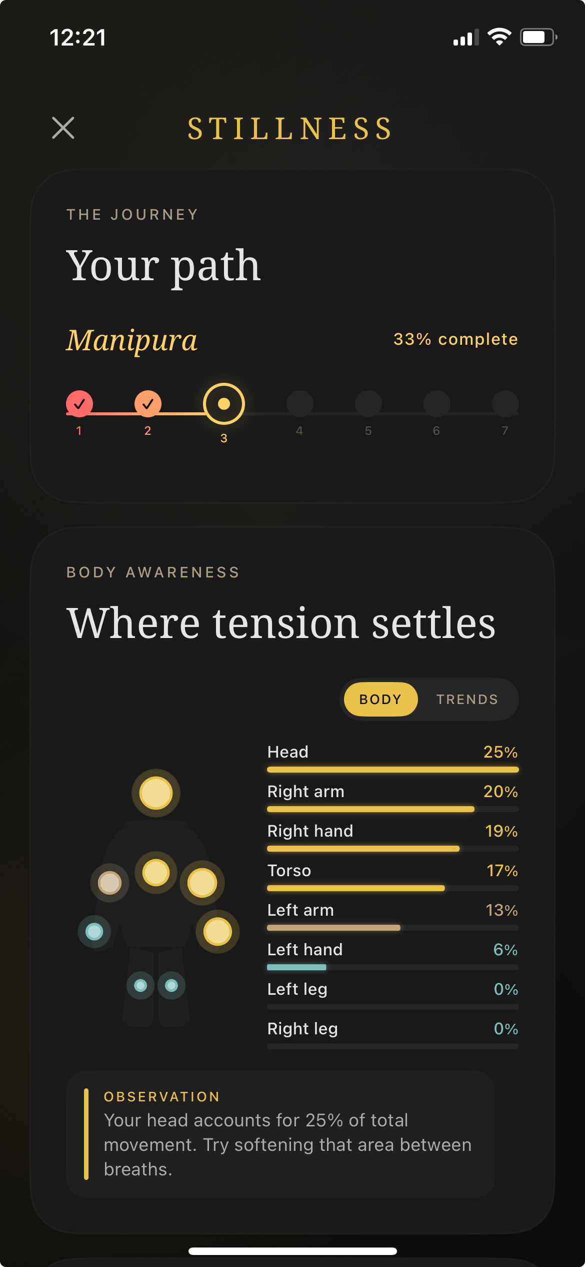 Stillness Body Awareness screen showing body movement distribution