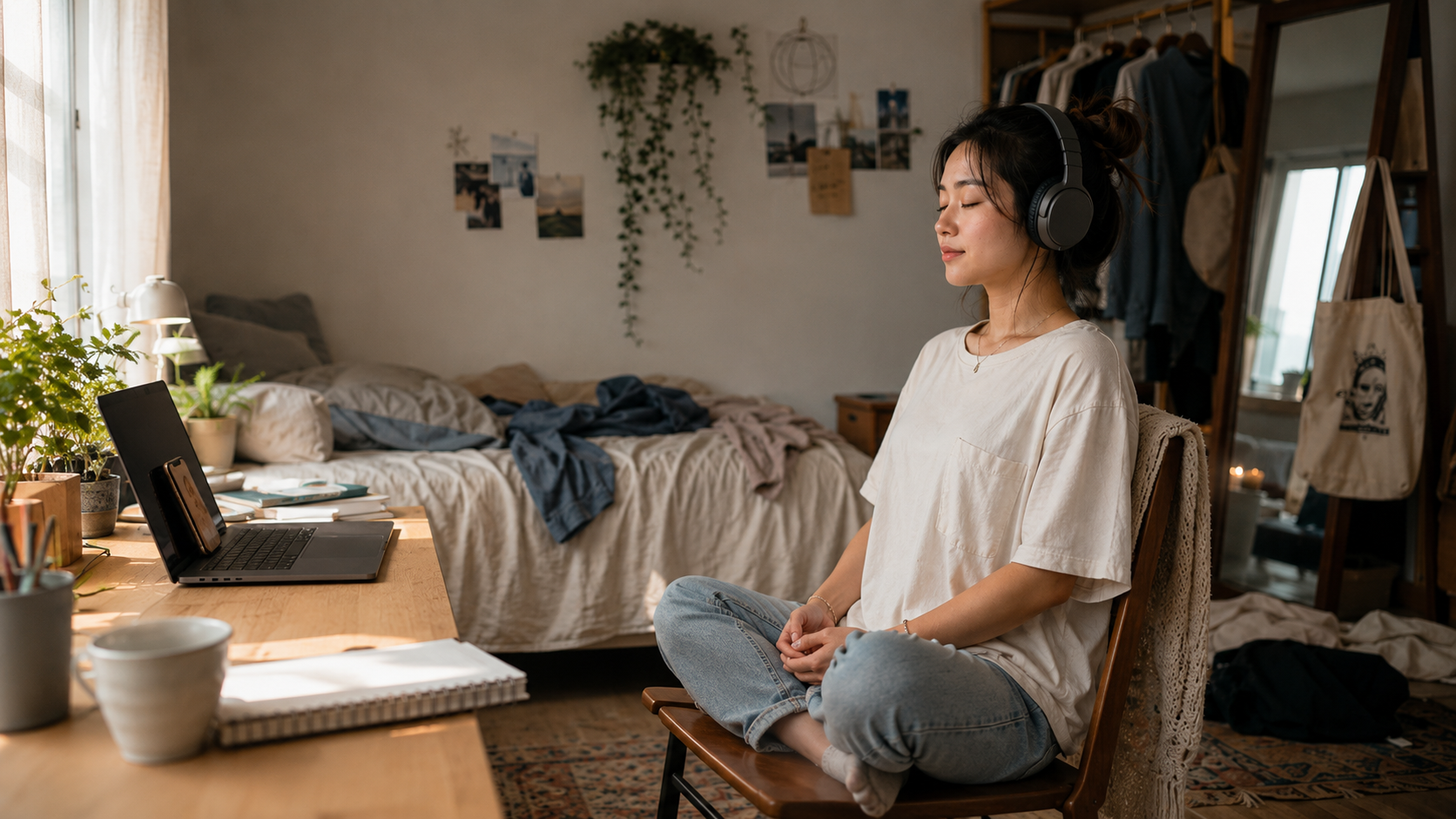 Persona meditando con audífonos en casa mientras un iPhone de pie registra su práctica
