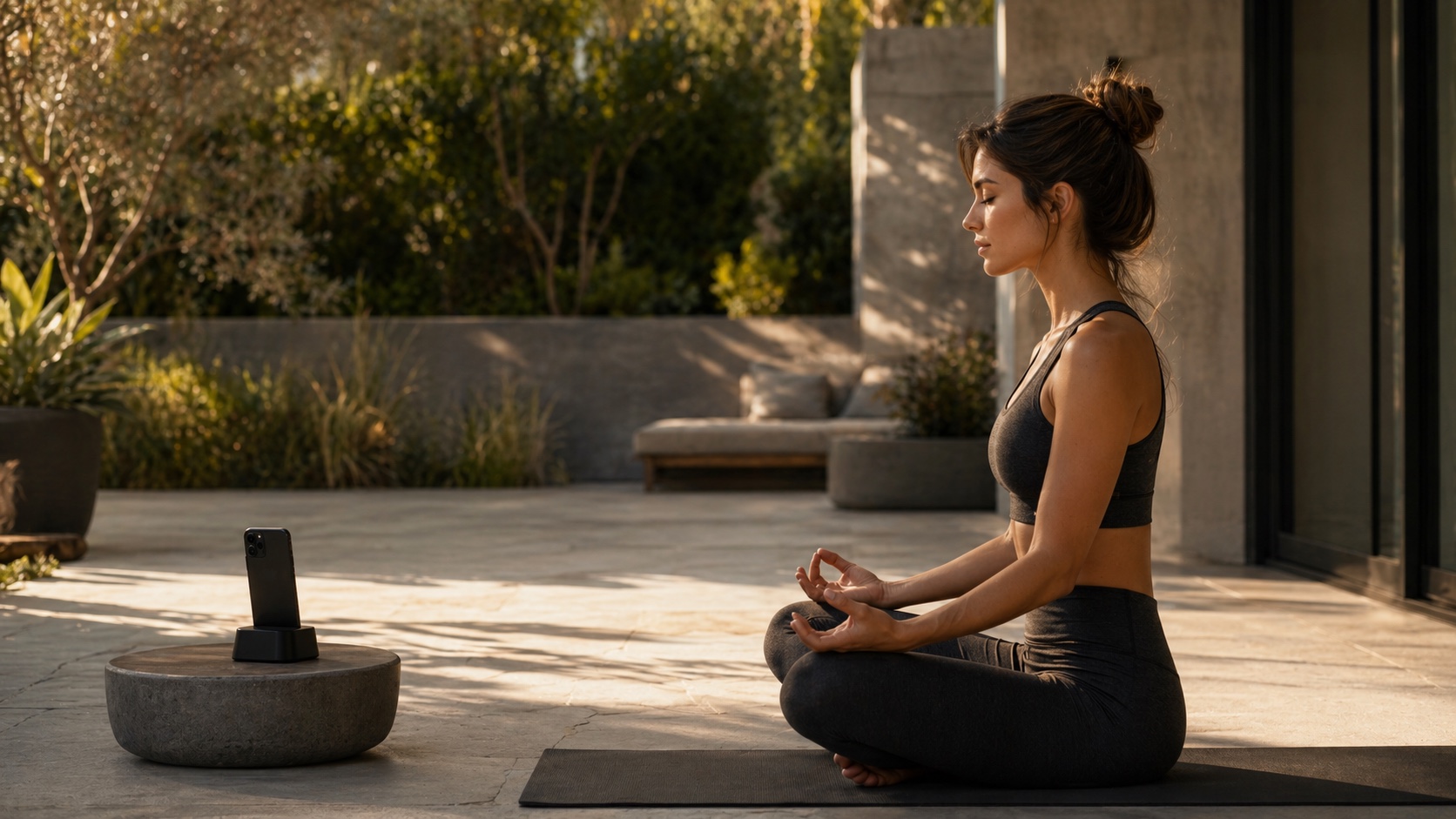 Woman meditating on a home patio while an upright iPhone tracks her stillness practice
